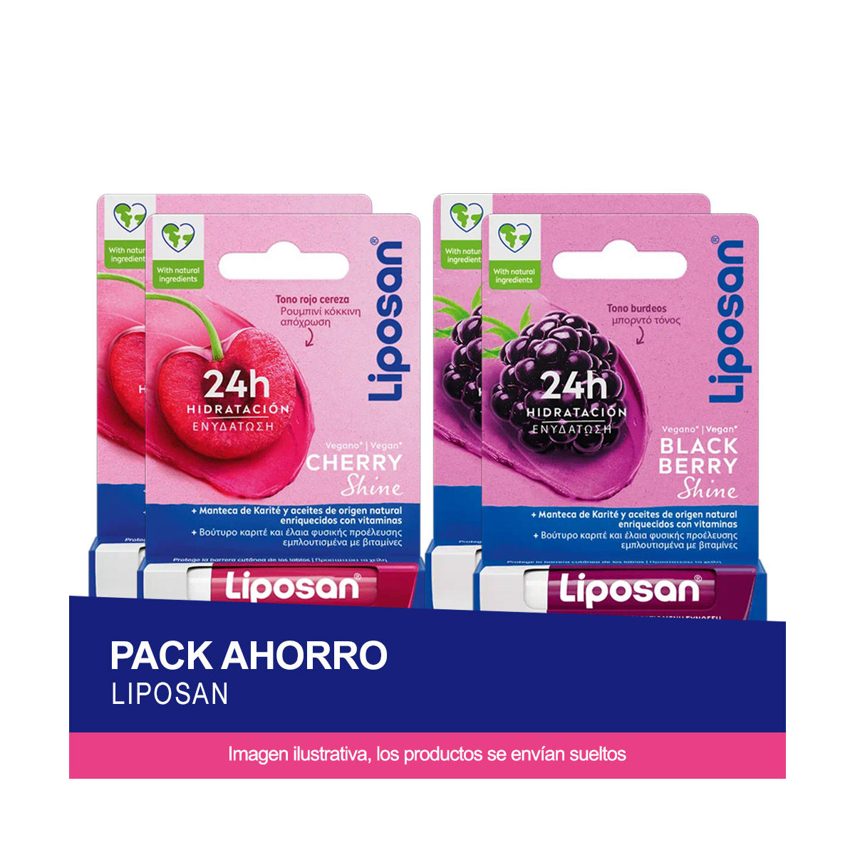 LIPOSAN Pack ahorro - Contiene bálsamo labial sabor mora x2 y bálsamo labial sabor cereza x2