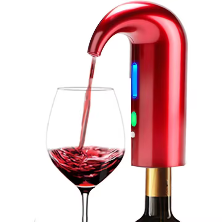 NK Decantador de Vino Eléctrico, Aireador de Vino Automático y Portátil, Recargable por USB, Incluye Tubo de silicona y Bolsa de Tela, Filtro y Botón ON/OFF, Batería 1500 mAh - Color Rojo - 1