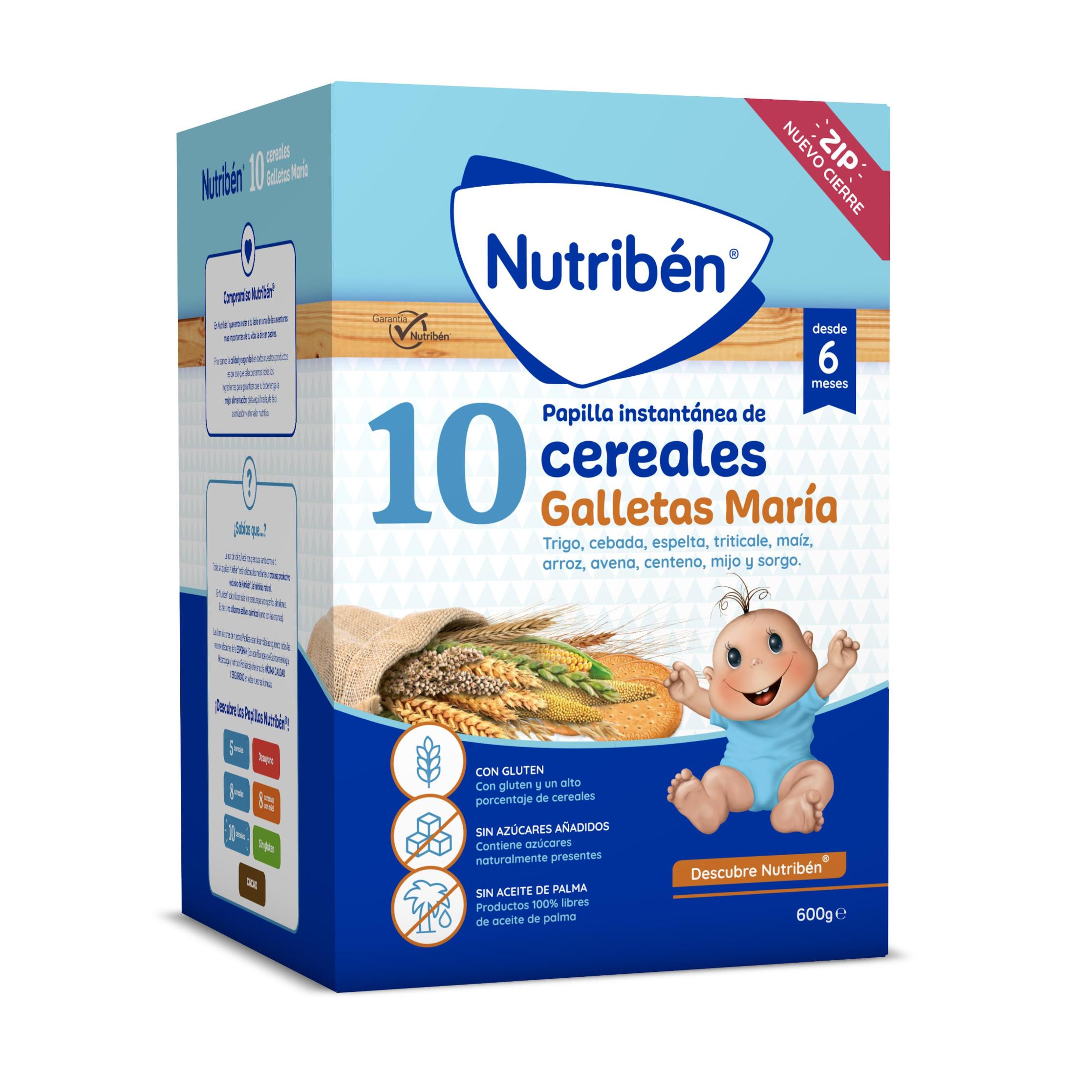 Nutribén - Papilla de Cereales Bebe - 10 Cereales con Galleta María - Cereales desde los 6 Meses - 600Gr