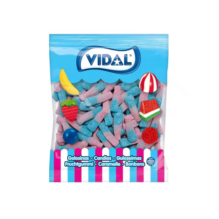 Vidal Botellas Tutti Azúcar con ácido efervescente - Bolsa de 250 ud - Gominolas, chucherías sin gluten y sin grasa - 1