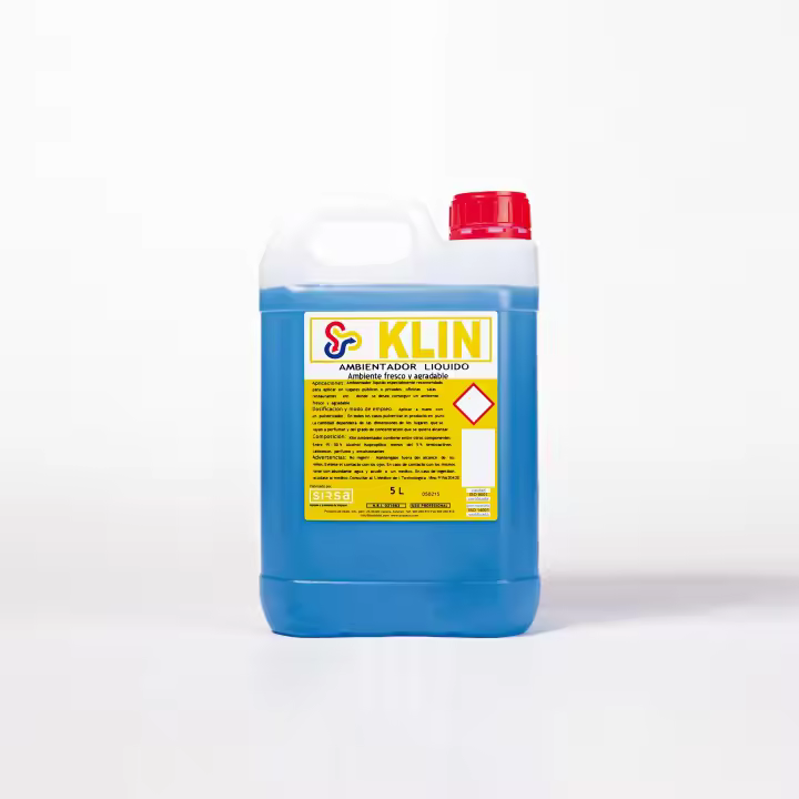 KLIN Ambientador líquido diseñado con un perfume fresco y agradable. Muy persistente y duradero en el tiempo. Gran poder de desodorización sin cargar el ambiente. No mancha. 5 Litros - 1