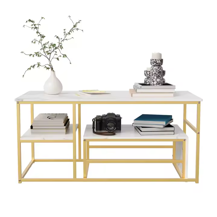 Mesa de centro nido cuadrada de mármol blanco con patas doradas, set de mesas auxiliares combinables estilo moderno - 1