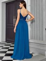 Vestido Largo De Encaje Con Pliegues Y Loto Abertura En La Cintura Estilo Halter V-Neck Para Mujer Traje De Noche Elegante - details 2