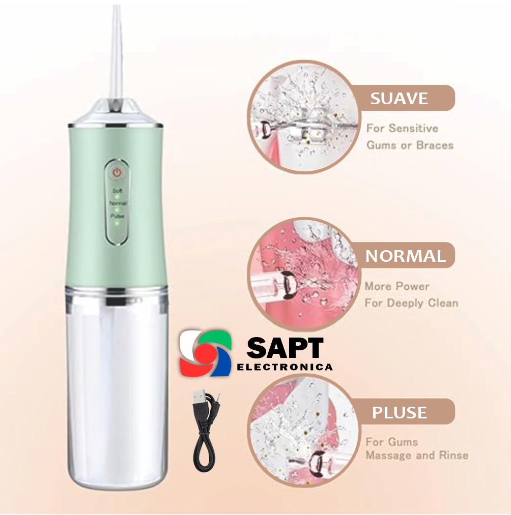 Irrigador Bucal Portátil SAPT | 3 Modos de Limpieza | 4 Boquillas Incluidas | Resistente al Agua | Limpieza Dental Profunda