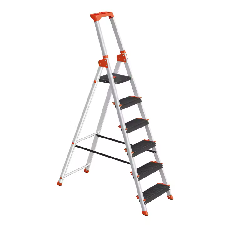 SONGMICS Escalera de 6 Peldaños, Escalera de Aluminio con Peldaños de 12 cm de Profundo, Plegable, Bandeja y Pies Antideslizantes, Carga de 150 kg, Negro y Naranja - 1