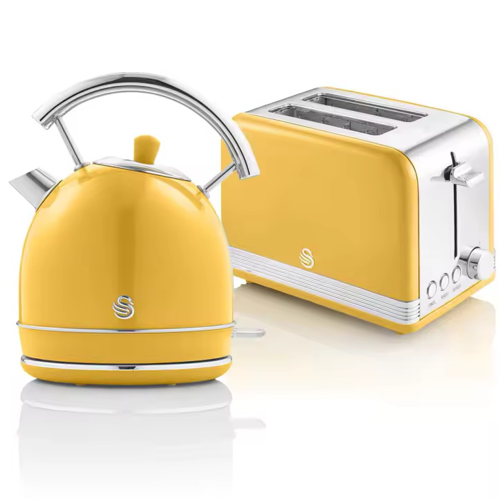 SWAN STP7050YELNEU Retro Set Desayuno Hervidor de Agua 1,8 L Inalámbrico, Tostadora 2 Rebanadas Anchas, Vintage, 850W, Amarillo - 1
