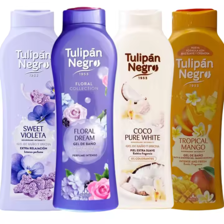 Pack de 4 geles de ducha tulipán negro – pack floral con coco y mango. increíble aroma, hidratación para la piel, ideal para regalo. producto fabricado por briseis en españa pack de 4 geles de ducha tulipán negro - 1