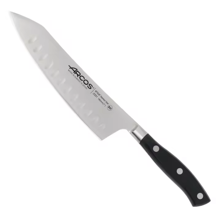 Arcos Serie Riviera - Cuchillo Rocking Santoku - Hoja de Acero Inoxidable Forjado NITRUM 180 mm - Mango de Polioximetileno (POM) Color Negro - 1