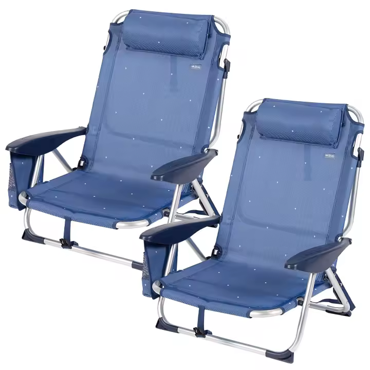 Aktive - Silla de playa plegable con respaldo reclinable 4 posiciones, 51x45x76 cm, fabricada de aluminio y textileno, con cojín, bolsillo lateral, topes antivuelco y asa hombro, máx. 110 kg, sillas de playa, sillas plegables, accesorios verano - 1