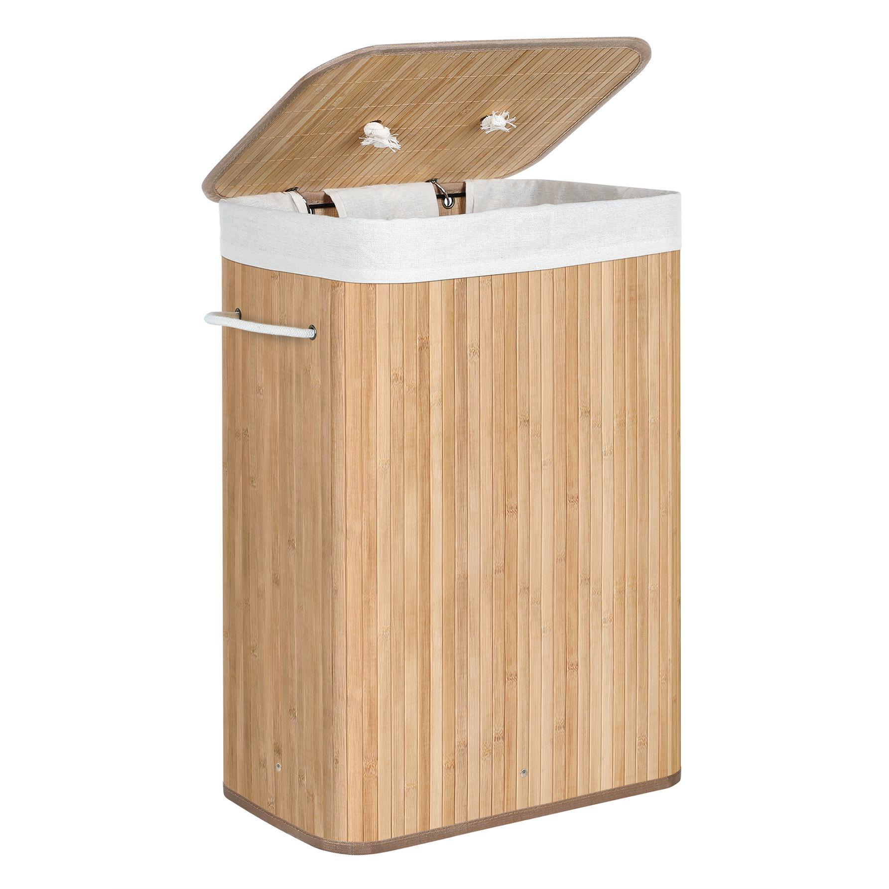 SONGMICS Cesto de la Ropa Sucia con Tapa, 72 L, Cesto de Lavandería de Bambú, Plegable, con Bolsa Lavable Extraíble, Asas, para Lavandería, Dormitorio, Gris/Natural/Negro/Blanco