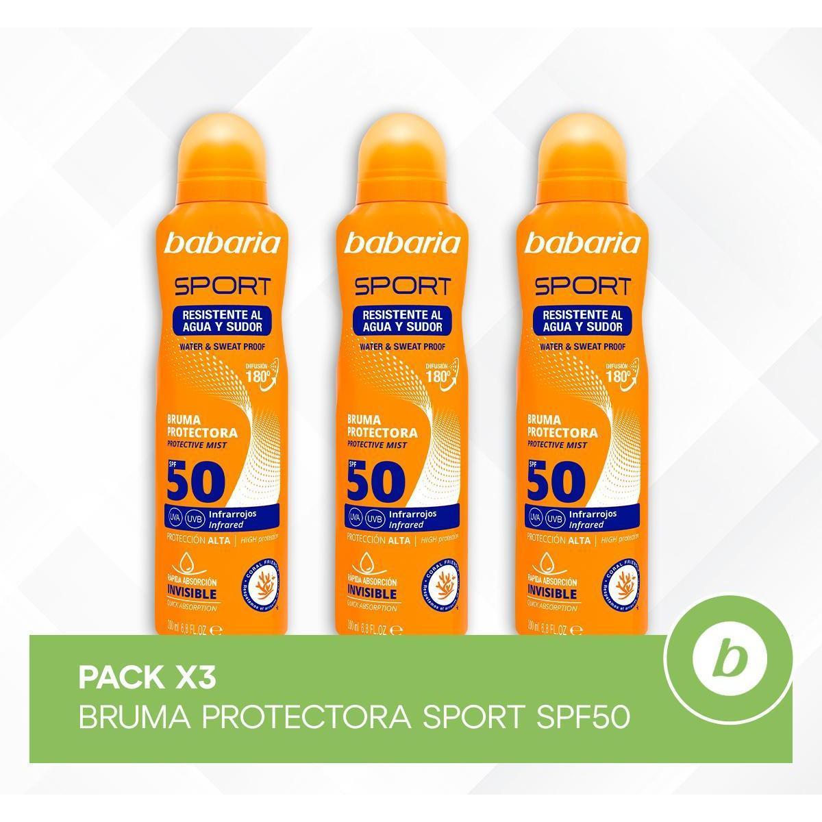 Babaria Pack 3x Bruma Protectora Sport SPF50: Spray de aplicación invisible SPF50, Resistente al Agua y Sudor 200ml