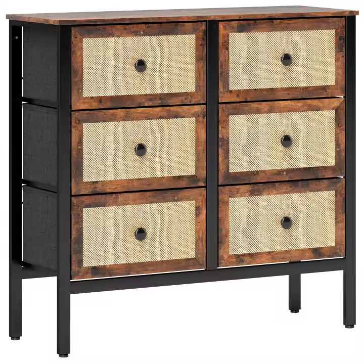 HOMCOM Cómoda para Dormitorio Cajonera de Tela con 6 Cajones Plegables con Frentes de Ratán y Marco de Acero Cajonera para Dormitorio Salón Marrón Rústico - 1
