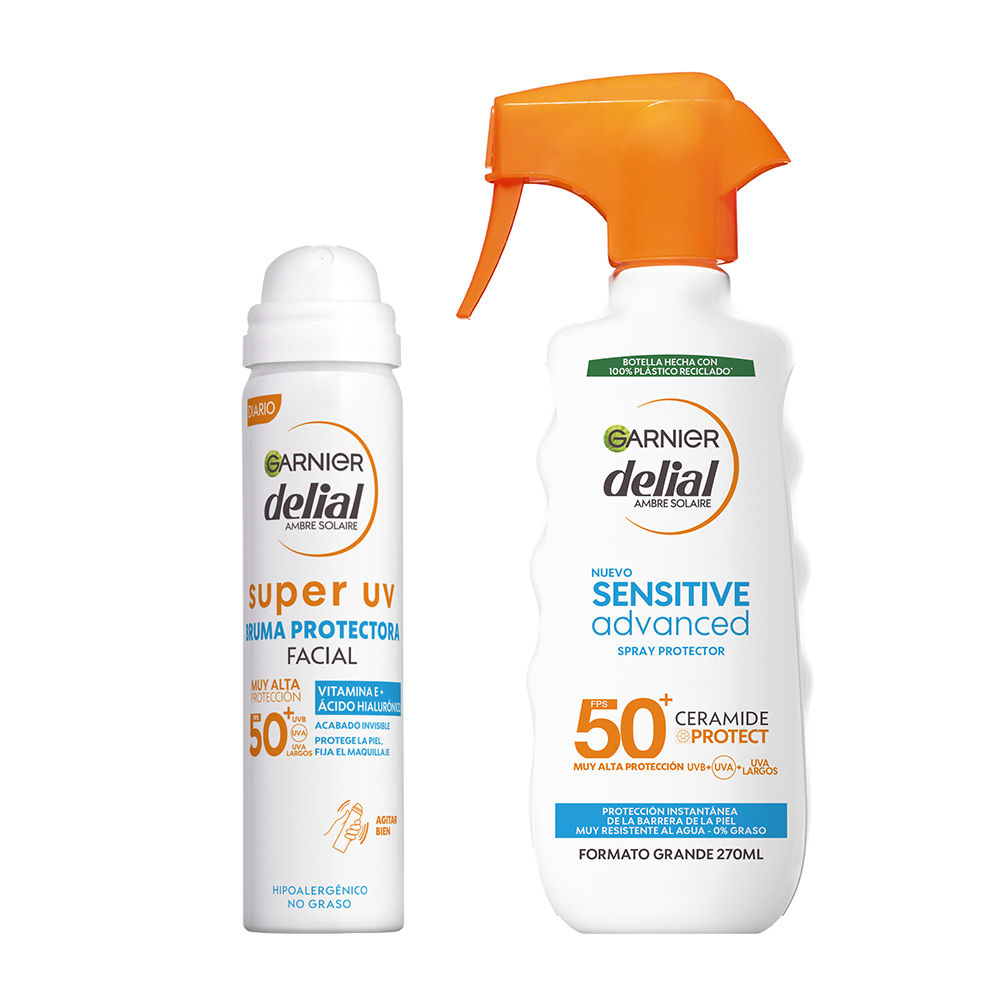 GARNIER | Delial Pack SUPER UV FPS50+ Bruma Protectora Facial con Textura Invisible +Spray Protector Sensitive Advanced Adultos crema solar para pieles claras, sensibles e intolerantes al sol IP50+. Muy resistente al agua, 0% graso, 0% pegajoso - 40+270ML