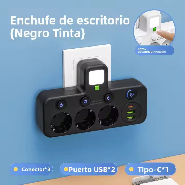 Enchufe De Pared Con Multiple De Salidas AC Y USB Tipo C Con Filtro De Red Y Interruptor Separado Adaptador Universal Con Luz EU Plug - 1