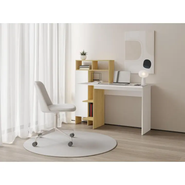 Vente-unique - Escritorio con 1 armario y 4 estantes - Blanco y natural - MONTOLANIA - 1