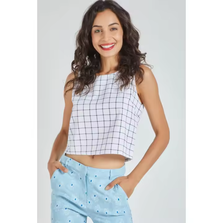 Top mujer sin mangas blanco cuadros recto lino fresco estilo urbano casual crop cómodo versátil talla L modelo minimalista ideal jeans faldas blusas outfit diario ✅Entrega 24/48h - 1