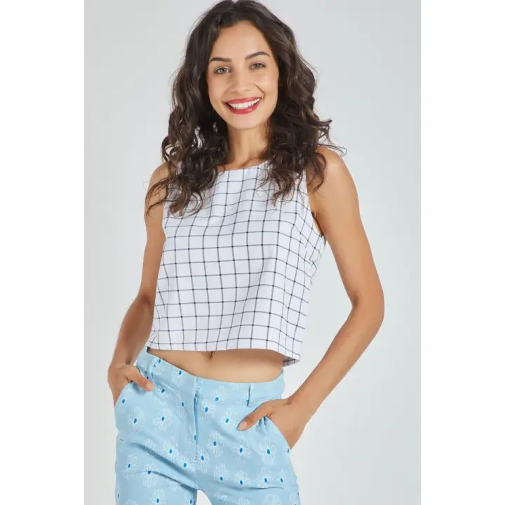 Top mujer sin mangas blanco cuadros recto lino fresco estilo urbano casual crop cómodo versátil talla L modelo minimalista ideal jeans faldas blusas outfit diario ✅Entrega 24/48h - 1