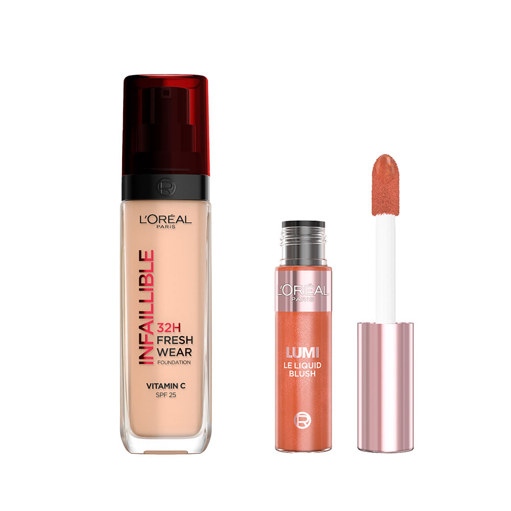 L'Oréal Paris | Lumi Glotion blush fórmula iluminadora tono Peach Glow + Base de Maquillaje Infaillible 32H Freshwear tono 145 SPF25 - 30ml