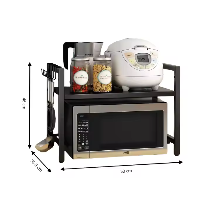 LUTODY - Estantería microondas multifuncional extensible, 2 niveles, Metal, Con ganchos auxiliar, Organizador, Tostadora, Impresora, Escáner para hogar, Casa, Oficina, Despacho, Multiuso - 1