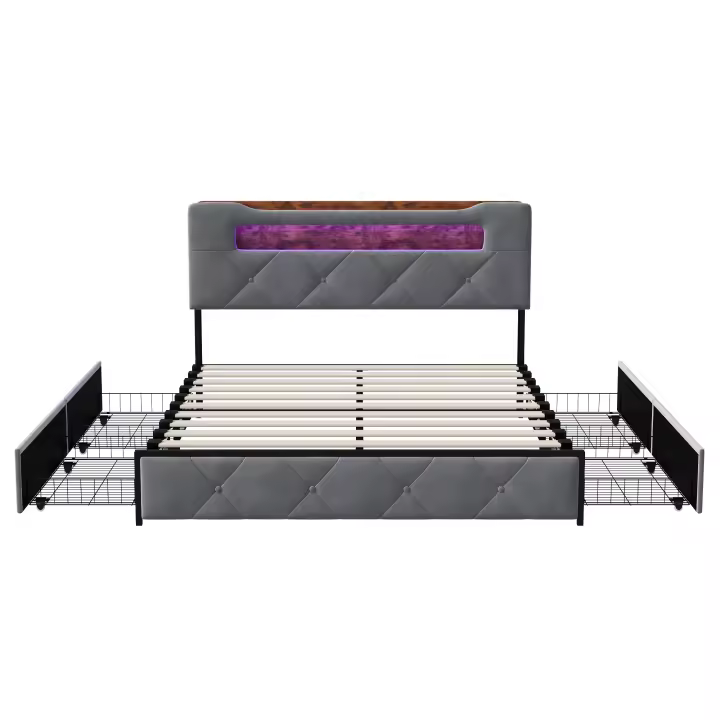Cama LED gris 140x190 cm con cajones de almacenamiento, cabecero acolchado y estructura resistente - 1