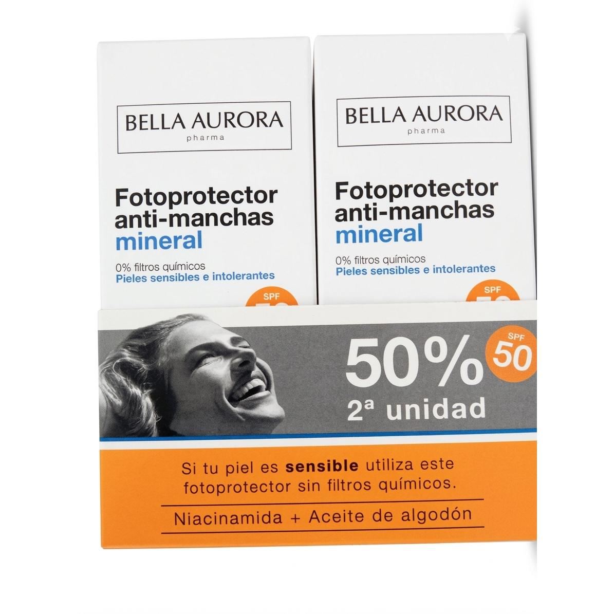 Bella Aurora Mineral SPF 50 – Pack Ahorro 50% en la 2ª Unidad – Protector Solar Antimanchas para Piel Sensible – Filtros 100% Minerales – 2 x 50ml