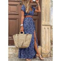 Vestido Bohemio De Manga Corta Con Cuello En V Y Cinturón Para Mujer Vestido Largo Floral Para Vacaciones De Verano - details 4