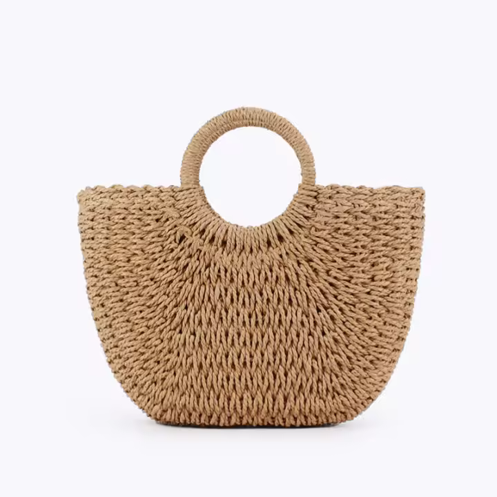 MOV Bolso sencillo de paja tejido a mano, de color liso, informal, hecho a mano, perfecto para fotos de playa en verano, de gran tamaño. - 1