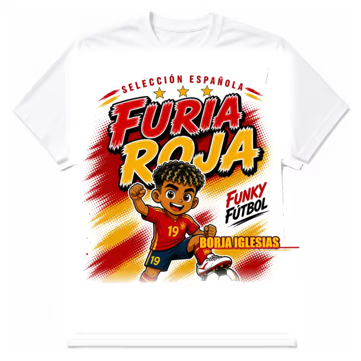 Stock Futbol Camiseta Blanca Selección Española 2026 Muñeco Funky Borja Iglesias, Frase Furia roja, Diseño Fútbol Rojo y Amarillo para Afición España - Talla S - 1