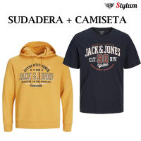 Jack & Jones Pack Sudadera + Camiseta Hombre , Con capucha ajustable ,Color Honey Gold y Navy Blazer Logo estampado Moda Casual Informal OTOÑO INVIERNO - details 2