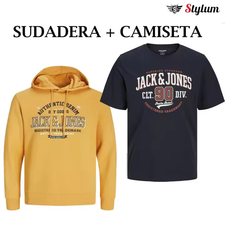 Jack & Jones Pack Sudadera + Camiseta Hombre , Con capucha ajustable ,Color Honey Gold y Navy Blazer Logo estampado Moda Casual Informal OTOÑO INVIERNO - 1