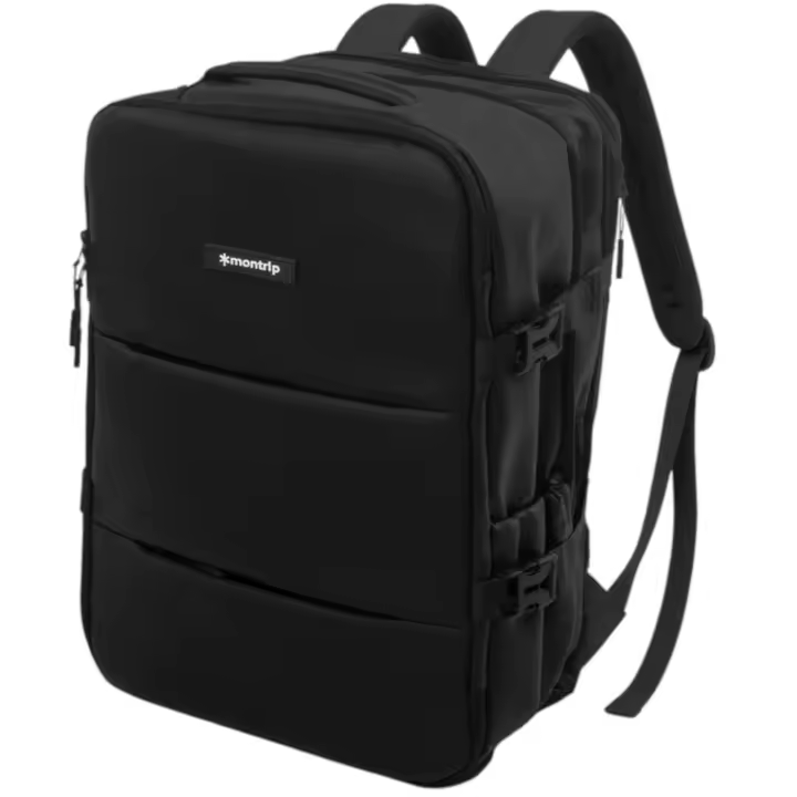 Mochila de cabina Montrip (20-25L, 1kg). 40x30x20 - Negra, expansible, ergonómica y ligera. Con 10 compartimentos internos y externos para portátil, zapatillas y objetos personales. Compatible como equipaje de mano en las principales aerolíneas. - 1