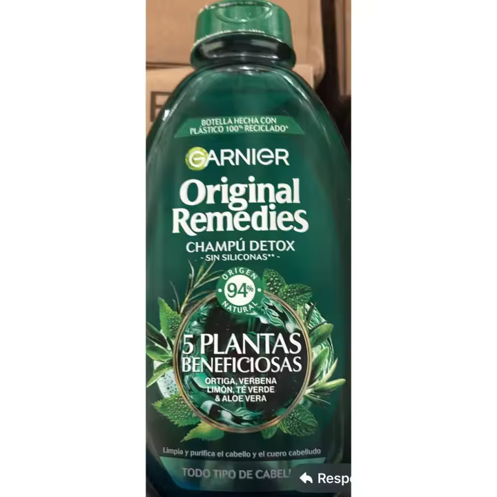 Champú Detox 5 plantas beneficiosas con ortiga, vebena, limón, té verde y aloe vera frasco 400 ml para todo tipo de cabello uso diario-Garnier - 1
