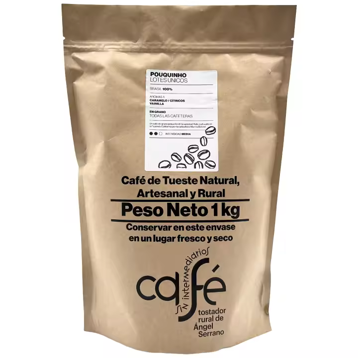 CAFÉ SIN INTERMEDIARIOS - 100% Brasil - Pouquinho - Ideal con leche o solo - Intensidad de sabor Media - Recién tostado y envasado - 1 kg en GRANO y MOLINDO para Todas las cafeteras - 1