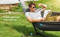 SONGMICS Hamaca con Soporte, Hamaca de 210 x 150 cm, 5 Alturas Ajustables, Portátil con Estructura de Metal, Carga de 240 kg, Patio, Jardín, Soporte Negro y Hamaca Gris/Soporte Negro y Hamaca Beige - details 1