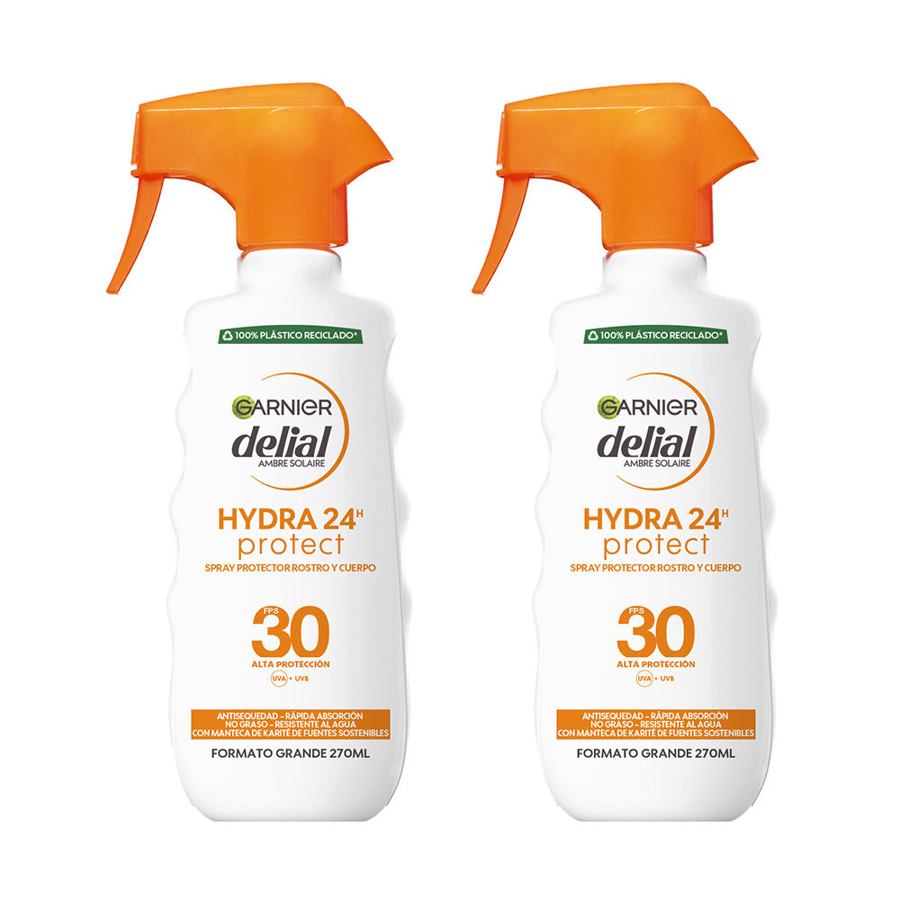 GARNIER | Delial Spray Protector SPF 30+ HYDRA 24 Protect Muy Alta Protección Resistente al Agua, Fórmula Hidratante No Grasa con Manteca de Karité de Fuentes Sostenibles Para una Piel Protegida, Hidratada y Suave 2x270ml.
