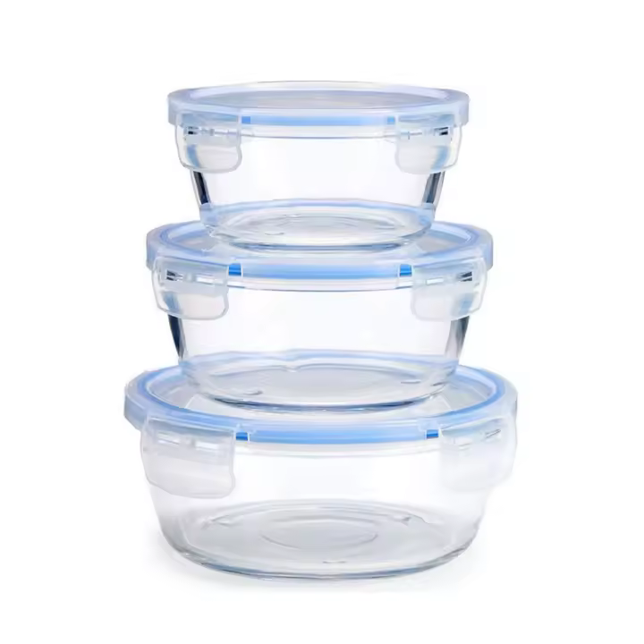 MAXHOME-Set 3 Fiambreras Redondo Cristal Hermético 100% Conservar Alimentos Usa En Hogar Aire Libre Oficina y De Forma Segura y Saludable 400/620/950 Ml - 1