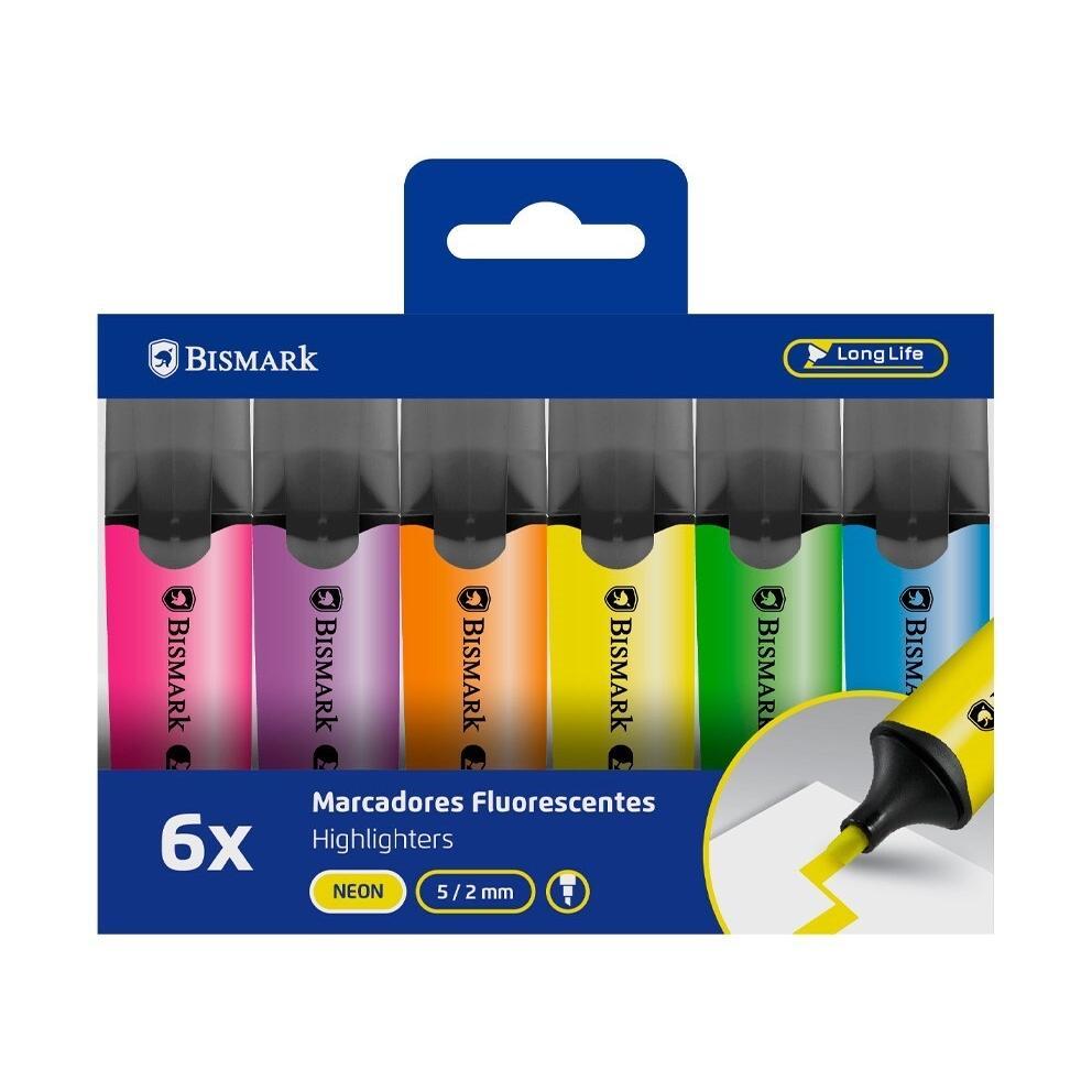 KIT 6 ROTULADORES FLUORESCENTES BISMARK LONG LIFE - COLORES NEON Y PASTEL - INCLUYE BASE PARA ESCRITORIO