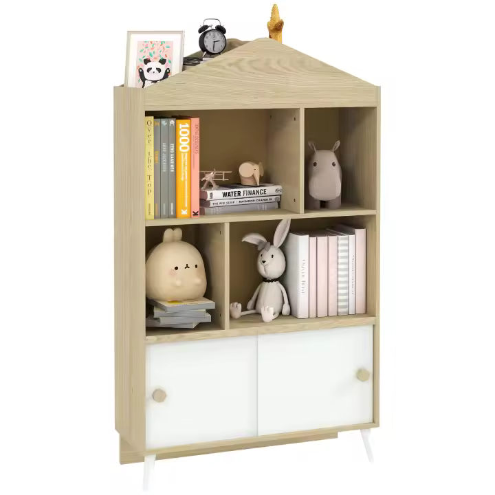 AIYAPLAY Estantería Infantil de Madera con 4 Compartimentos Librería Infantil con Estantes Abiertos y Armario para Habitación de Niños Sala de Juegos 80x30x140,5 cm - 1