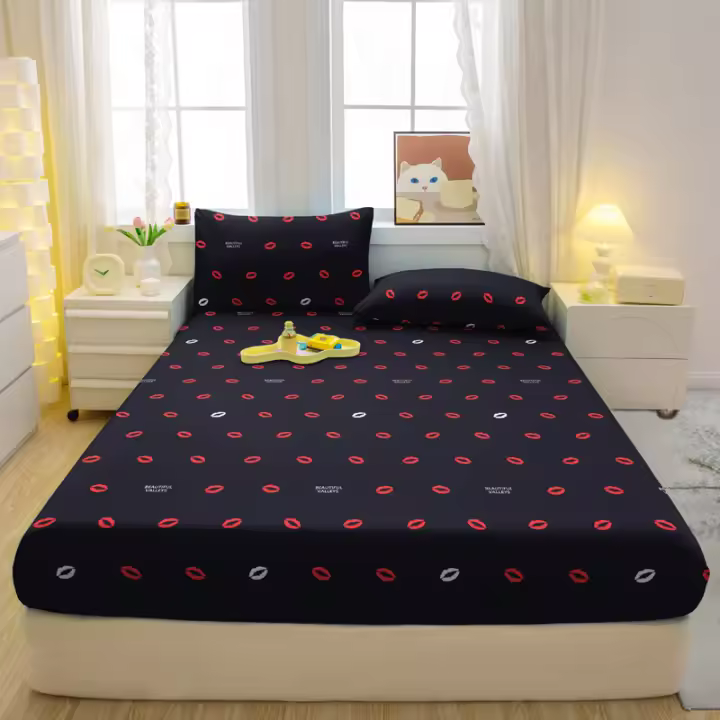 Sábana Ajustable De Corazón Estampado Y Mate Simple Moderna Para Cama 100% Poliéster 200 TC Tatting Sin Almohadillas En La Cama - 1