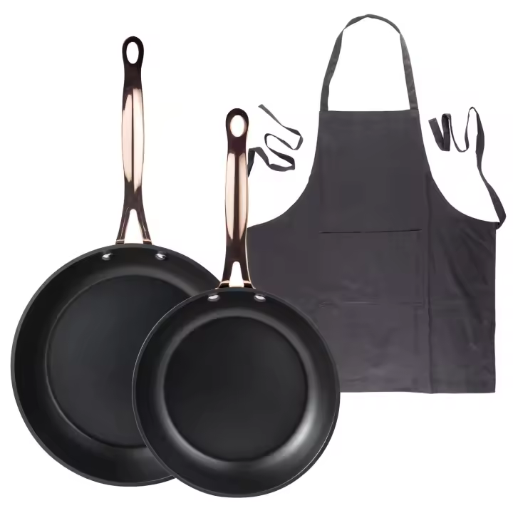 Juego de 2 sartenes Bergner Ø20Ø24cm aluminio forjado Negro mate+Delantal de Cocina Gris oscuro 100% Algodón 75x80cm - 1