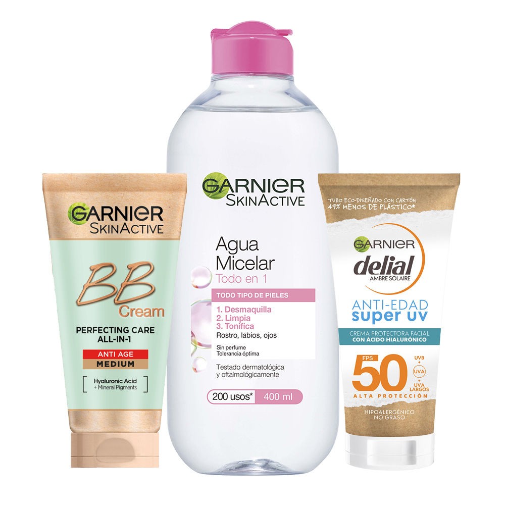 GARNIER | Rutina Cuidado de la Edad con Agua Micelar Clasica de 400ml + BB Cream Tono medio SPF25 Antiedad 50ml + Crema protectora Anti-Edad Super UV SPF50 con ácido hialuronico