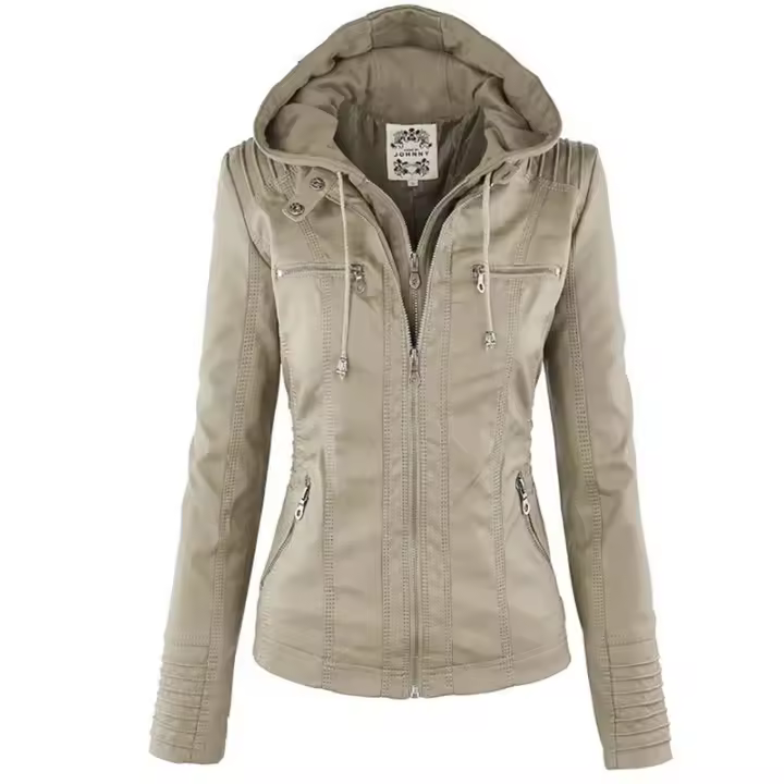Chaqueta De Cuero Sintético Para Mujer Estilo Motociclista Con Capucha Negro Otoño-invierno Cierre De Cremallera Largo Regular - 1