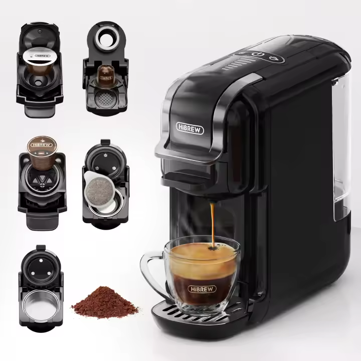 Máquina de Café en Cápsulas HiBREW H2B 5 en 1 - Compatible con 4 Cápsulas de Café y Café Espresso Molido, Prepara Café Frío, Espresso, Capuchino y Long Black. Máquina de Café para Cocina de Hotel - 1