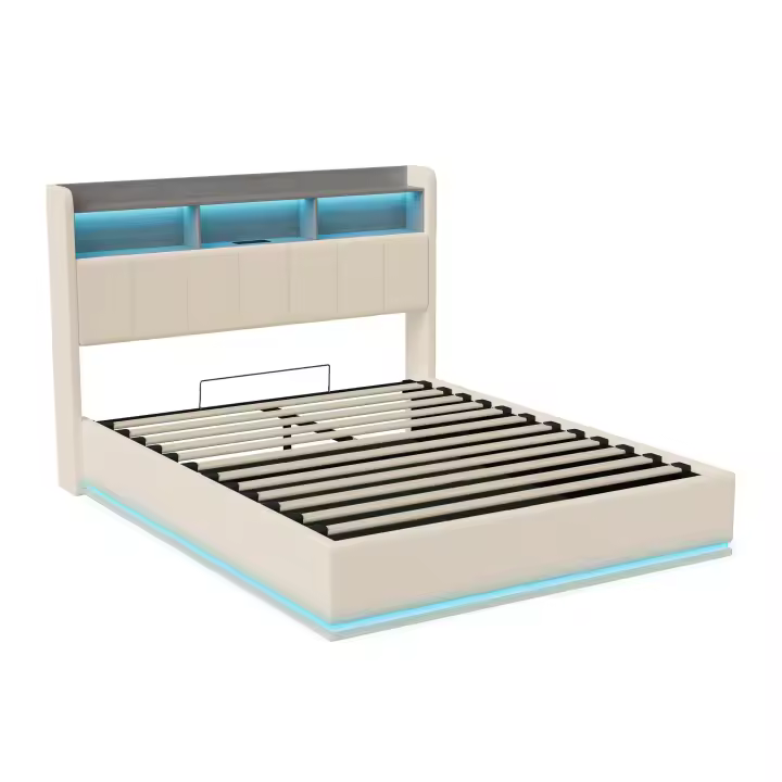 Cama individual 140x190 cm de terciopelo beige con almacenamiento, luz LED inferior y estantería en cabecera - 1