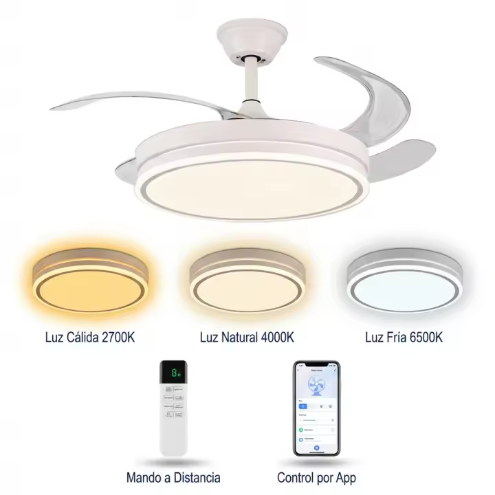 Ventilador de techo LED silencioso con aspas retráctiles, 6 velocidades, lámpara de techo moderna blanca, motor DC de bajo consumo, mando a distancia, app móvil, luz regulable, ventilador para salón, dormitorio, comedor y habitación, Don Feliz - 1