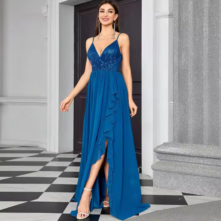 Vestido Largo De Encaje Con Pliegues Y Loto Abertura En La Cintura Estilo Halter V-Neck Para Mujer Traje De Noche Elegante - 1