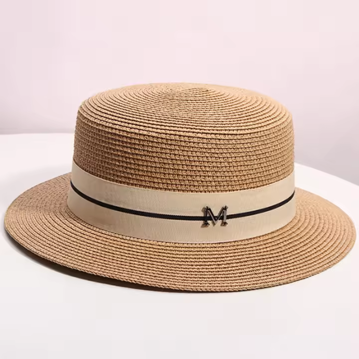 Sombrero De Paja Para Mujer Verano Estilo De Playa Vacaciones Sombrero De Pico Plano Tejido a Mano Protección Solar - 1