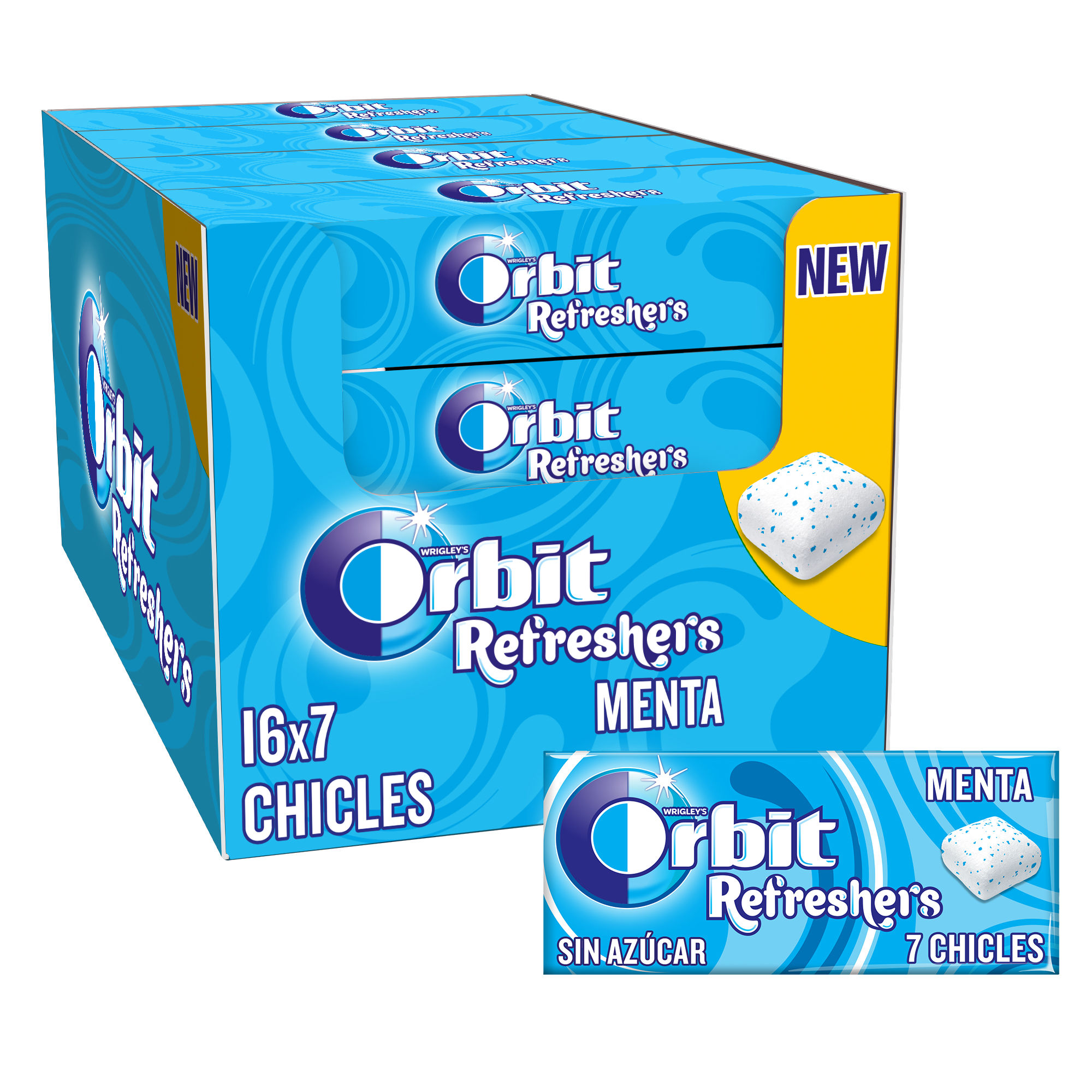 Orbit Refreshers, Chicles Sin Azúcar Sabor Menta que proporciona frescura inmediata, en formato gragea en pack de bolsillo (16 x 7 chicles)