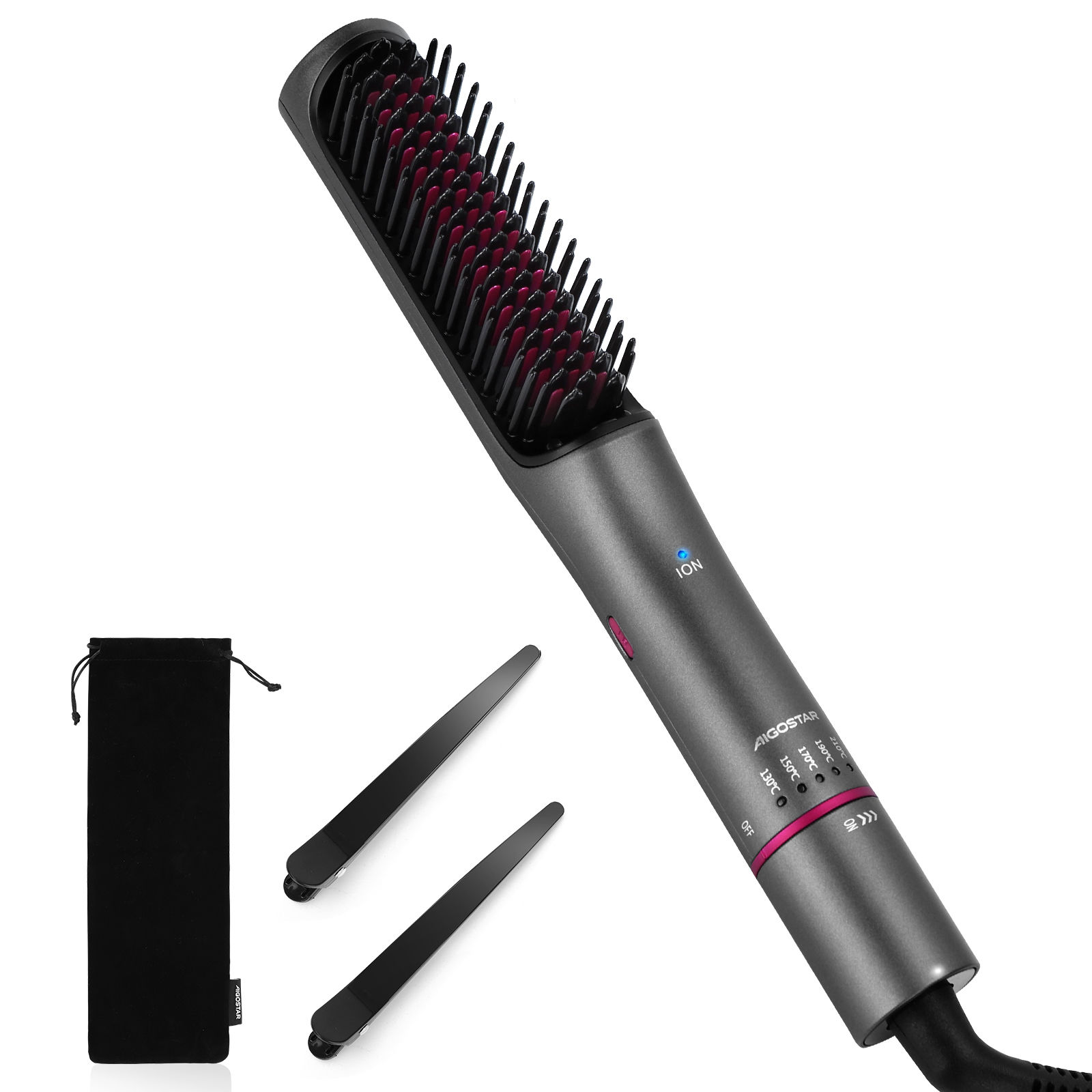 AIGOSTAR Cepillo Alisador Pelo Iónico con 5 Ajustes de Calor, Luz Infrarroja, 130℃-210℃, Calentamiento Cerámico, Anti Escaldaduras.