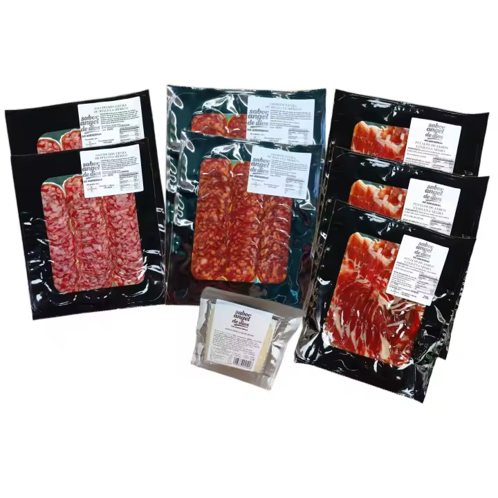 Lote de Embutido Extra de Bellota Iberico + cuña de queso mezcla semicurado de REGALO - CHORIZO, SALCHICHON Y PETALOS DE JAMON - SABOR ANGEL DE DIOS. - 1